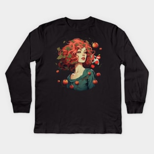 A Girl With Red Hair Surrounded by Apples Girl Who Loves Fruit Kids Long Sleeve T-Shirt